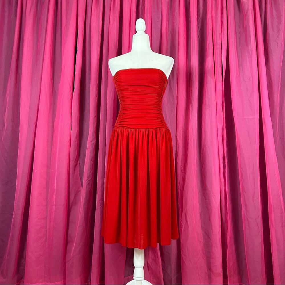 Vintage S.G. Gilbert rouched bust drop waist cherry red cocktail‎ party dress, 6